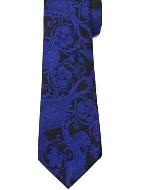 VERSACE Italian Silk Tie Blue Black Floral Men's Long